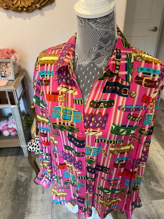 L'AGENCE Hot Pink Silk Belt-Print Blouse - Picture 1 of 7